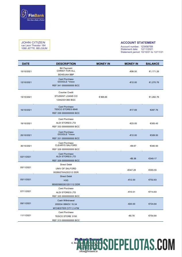 Modelo de extrato bancário do Burundi Finbank